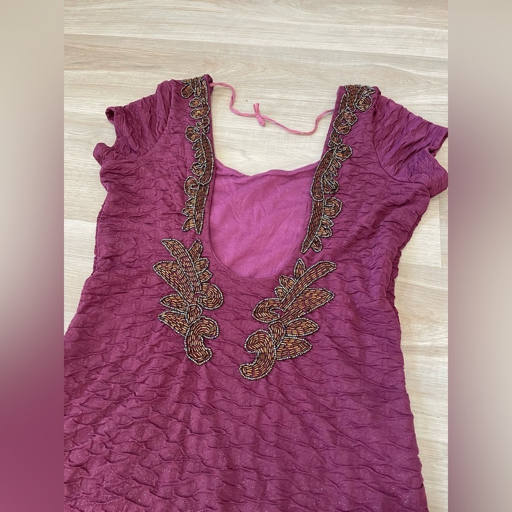 FREE PEOPLE Maroon Low Back Tight Dress with Beaded Embellishments. - Picture 6 of 13